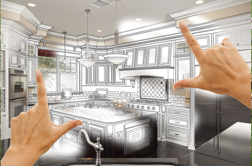 A person is drawing a kitchen with their hands